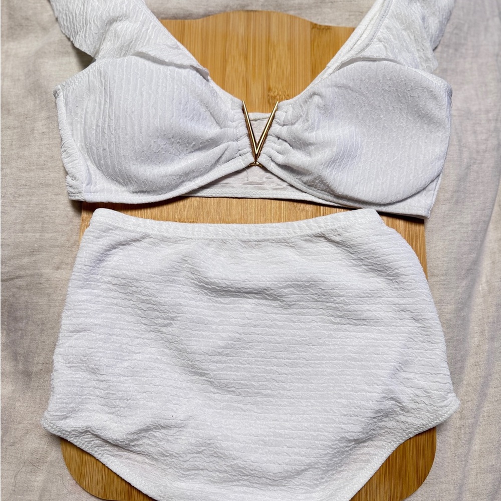 White Textured Bikini Set with Gold Accent